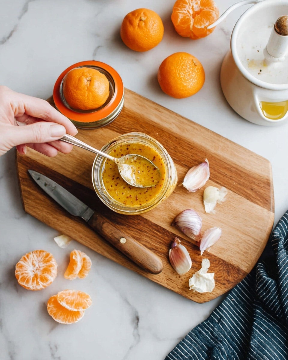 A small glass jar with an orange lid is open, placed on a wooden cutting board with a shiny knife with a wooden handle next to it. Inside the jar is a yellow sauce with specks, and a woman's hand is holding a spoon dipping into the sauce. Around the cutting board on a white marbled surface are halved bright orange tangerines, peeled garlic cloves, and two shallots, one cut in half. At the top right corner, there is a white citrus juicer with juice and a tangerine peel resting on it, placed on a dark striped cloth. Photo taken with an iphone --ar 4:5 --v 7
