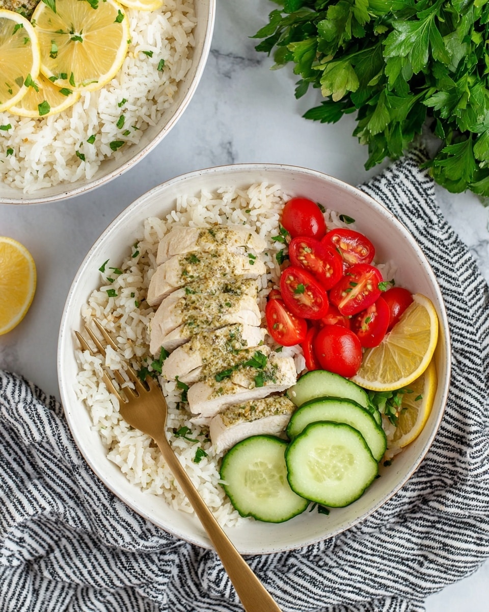 A white bowl on a white marbled surface contains four layers: a base layer of fluffy white rice with small green herb pieces mixed in, topped with sliced white chicken pieces covered in light herb sauce placed on the left side, a row of thin cucumber slices with dark green edges on the top right, bright red halved cherry tomatoes arranged next to the cucumbers, and thin lemon slices on the far right edge. A gold fork rests on the rice near the chicken. In the top left corner of the image, another white bowl filled with plain white rice garnished with lemon slices and green herbs sits on a striped black and white cloth. Fresh green parsley fills the top right corner. Photo taken with an iphone --ar 4:5 --v 7