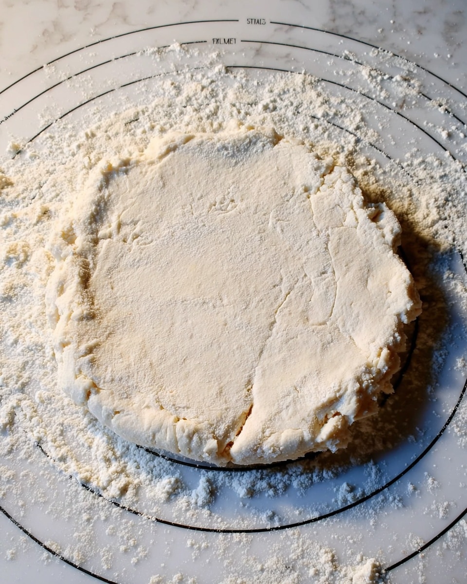 A close-up view of pale dough rolled out in a round shape on a white marbled surface with faint black circular measurement guides. The dough has a slightly uneven edge, dusted lightly with white flour scattered around it. The texture looks soft and smooth with small cracks near the edges showing thickness. Photo taken with an iphone --ar 4:5 --v 7