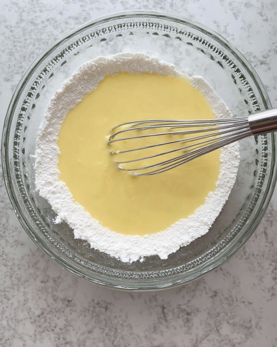 A clear glass bowl with a dotted rim is filled with a smooth, pale yellow liquid batter. The batter covers the bottom half of the inside of the bowl, while the upper half shows white powder clinging to the sides. A silver whisk rests inside the bowl, positioned horizontally across the yellow batter. The bowl sits on a white marbled surface. photo taken with an iphone --ar 4:5 --v 7