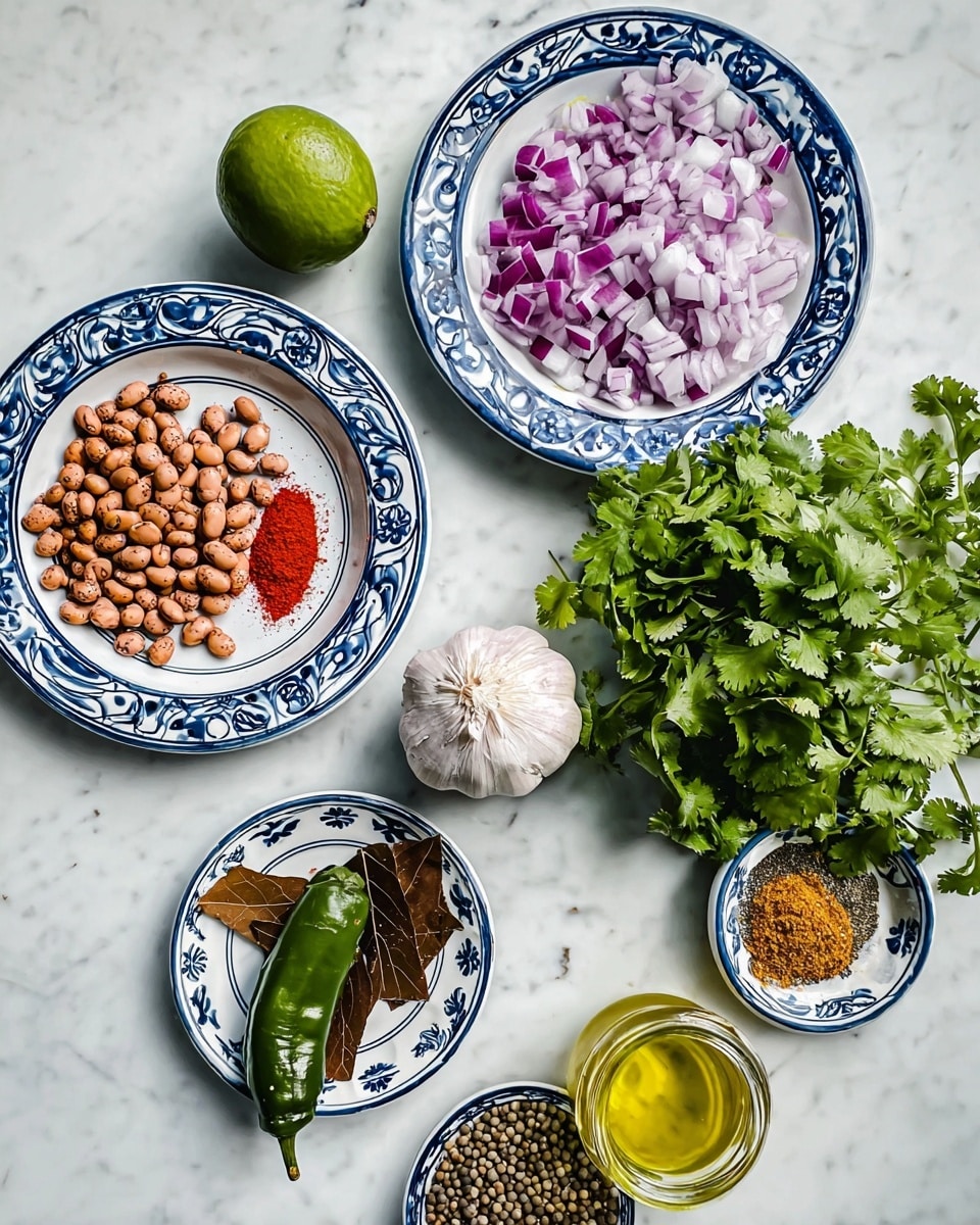 The image shows five white plates with blue designs placed on a white marbled surface. The top plate contains finely chopped purple and white onions. To the right of this, there is a green lime. Below the lime, another plate holds a large garlic bulb surrounded by fresh green cilantro leaves. To the bottom left, a plate is full of brown speckled beans with two brown dried bay leaves on top. Next to it, a plate has bright red chili powder and a whole green poblano pepper. Below these plates is a small white bowl filled with brown cumin seeds. A small glass jar with yellow oil is placed near the cilantro plate. photo taken with an iphone --ar 4:5 --v 7