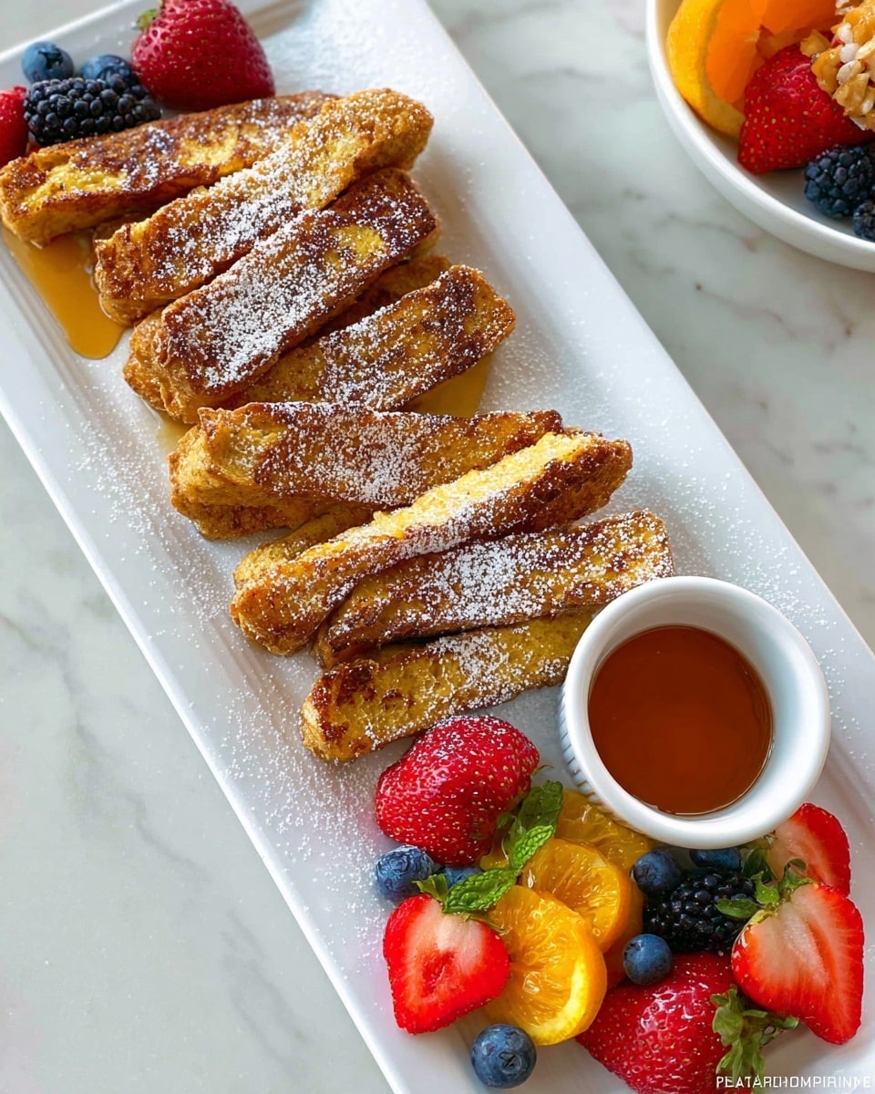 The image shows a white rectangular plate with seven golden brown pieces of French toast sticks arranged in a slightly overlapping line, dusted with powdered sugar. On one side of the plate, there is a small white round cup filled with amber syrup. Alongside the syrup cup and under the toast sticks is a colorful mix of fresh fruit: bright red strawberries, dark blackberries, small blue blueberries, and slices of vibrant orange. The plate is set on a white marbled surface. photo taken with an iphone --ar 4:5 --v 7