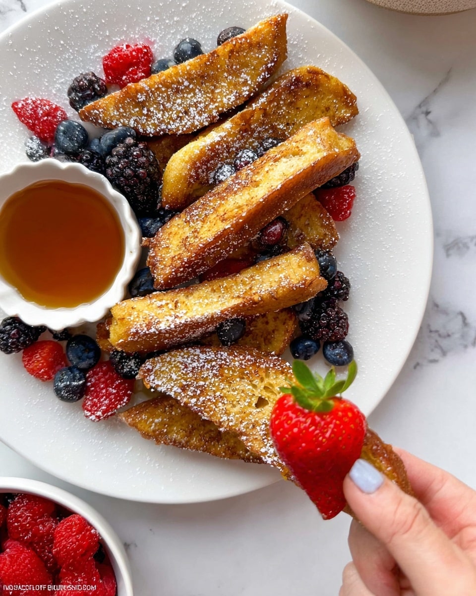A white plate on a white marbled surface holds six golden brown French toast strips arranged side by side horizontally, each sprinkled lightly with white powdered sugar. Among the toast strips, ripe blueberries and blackberries are scattered adding small pops of deep blue and black colors. At the plate's corner, a large bright red strawberry with visible seeds and green leaves peeks out. A woman's hand is holding one piece of French toast above a small white dish filled with amber maple syrup. Part of a bowl filled with fresh whole strawberries is visible at the bottom left corner. photo taken with an iphone --ar 4:5 --v 7
