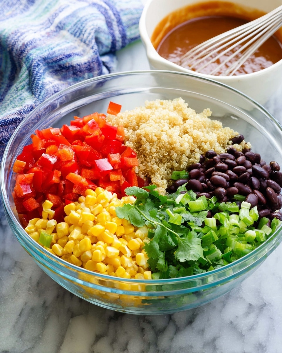 A clear glass bowl contains a colorful salad arranged in separate sections: bright red chopped bell peppers, yellow corn kernels, dark black beans, chopped fresh green cilantro leaves, cooked light beige quinoa, and pale green chopped scallions. The bowl rests on a white marbled surface, and behind it is a white bowl with a red-brown sauce and a metal whisk inside. A folded blue and white cloth is also in the background. Photo taken with an iphone --ar 4:5 --v 7