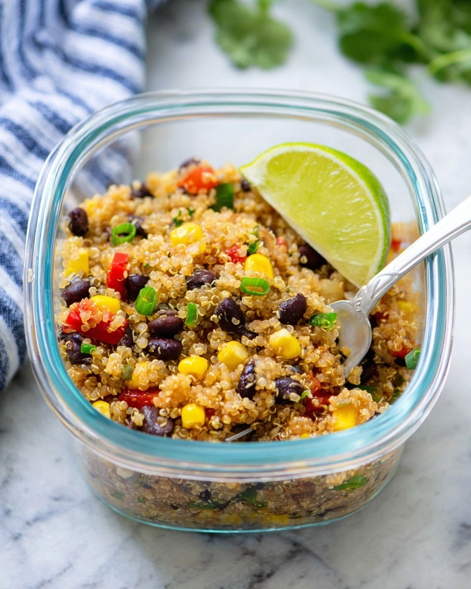 A clear glass container filled with cooked quinoa mixed with black beans, yellow corn, chopped red bell peppers, green onions, and small green herbs. On top of the quinoa mix, there is a thin round slice of bright green lime placed near the back edge. A white fork is inserted into the quinoa resting on the right side of the container. The container sits on a white marbled surface with a blue and white striped cloth in the upper left corner and some green herb leaves blurred in the background. Photo taken with an iphone --ar 4:5 --v 7