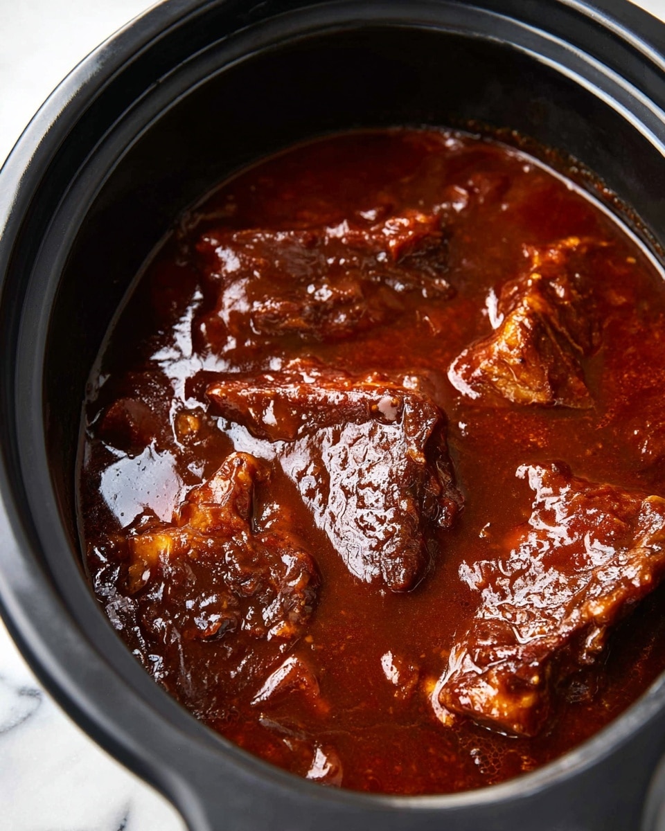 The image shows a close-up of a black cooking pot filled with thick, rich reddish-brown sauce covering several large pieces of meat. The sauce has a glossy, smooth texture with highlights reflecting light on its surface. The meat pieces are mostly submerged but some edges peek through, showing a dark, slightly textured surface beneath the sauce. The overall look is hearty and thick, with the sauce evenly coating the meat inside the pot, which sits on a white marbled surface. photo taken with an iphone --ar 4:5 --v 7