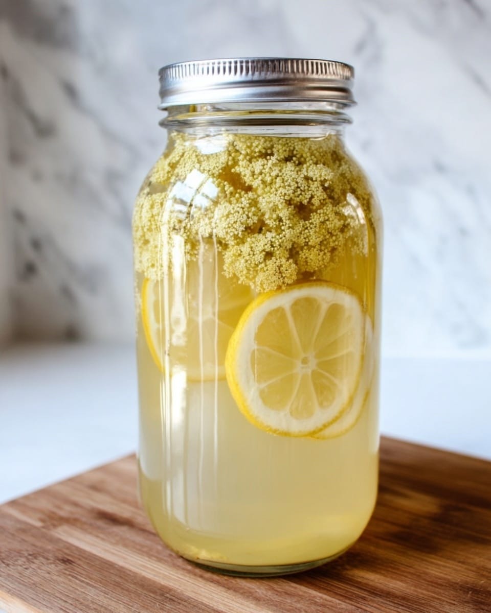A clear glass jar filled with a light yellow liquid stands on a wooden board against a white marbled surface. Inside the jar, there are several thin, round lemon slices standing vertically, partially submerged in the liquid. The top layer of the jar is covered with a dense bunch of small pale yellow flowers or blossoms floating above the lemon slices. The jar has a silver metal lid tightly closed. photo taken with an iphone --ar 4:5 --v 7