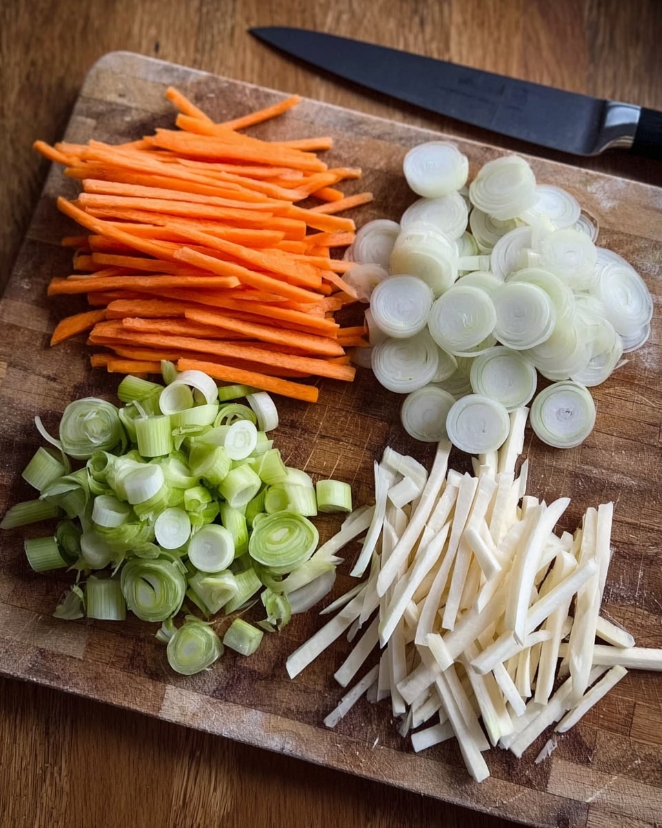 The image shows a wooden cutting board with four groups of sliced vegetables arranged from left to right. On the far left, there are thin orange carrot sticks stacked together, with a rough texture. Next to the carrots, there are round white onion slices and round green leek slices stacked in two separate groups with visible rings. To the right of the leeks, there are thin white slices of a root vegetable, cut into sticks, lying in a pile. The background surface is wood, and a knife is placed on the top right corner of the board. photo taken with an iphone --ar 4:5 --v 7