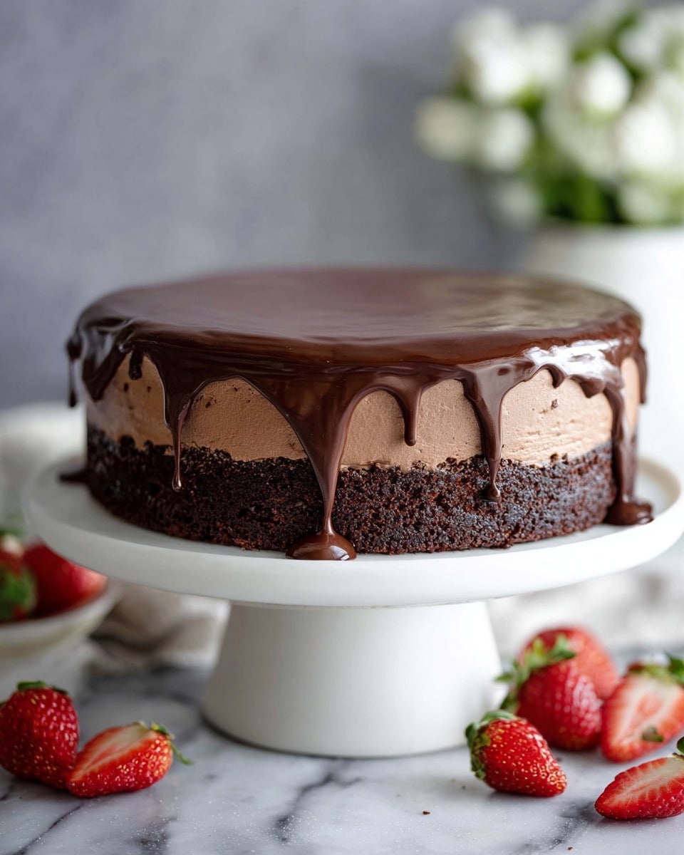 A three-layer chocolate cake on a white cake stand, sitting on a white marbled surface. The bottom layer is a dark, dense chocolate base with a slightly rough texture. The middle layer is a smooth and light chocolate mousse. The top layer is a thick, glossy chocolate ganache that drips down unevenly over the edges of the cake. Around the cake, there are scattered fresh red strawberries with green leaves. In the blurred background, there is a white vase holding white flowers. photo taken with an iphone --ar 4:5 --v 7