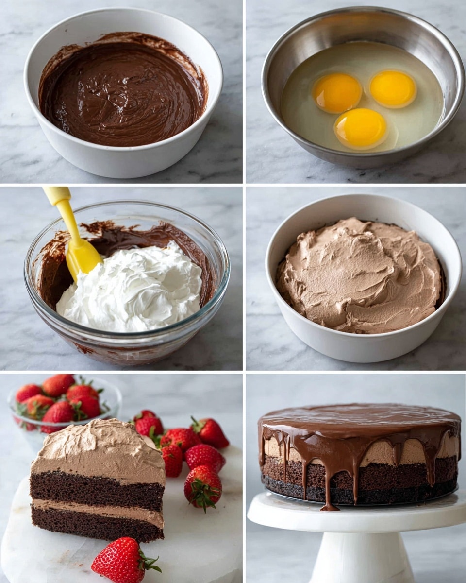 This is a six-step collage showing a chocolate mousse cake making process on a white marbled surface. Top left: A white bowl filled with smooth, dark brown chocolate batter. Top right: A stainless steel bowl with three raw egg yolks floating in clear egg whites. Middle left: A clear glass bowl with chocolate mixture and a large dollop of white whipped cream on top, with a yellow spatula mixing them. Middle right: A white cake pan holds a dark chocolate cake base topped with a thick, light brown chocolate mousse layer with a fluffy texture. Bottom left: The cake is now on a white cake stand, showing two thick layers, a dense dark chocolate base and a smooth, light brown mousse. Bottom right: The same cake on the white stand is covered with a shiny chocolate ganache that partly drips down the sides, surrounded by fresh red strawberries on the white marbled surface. photo taken with an iphone --ar 4:5 --v 7