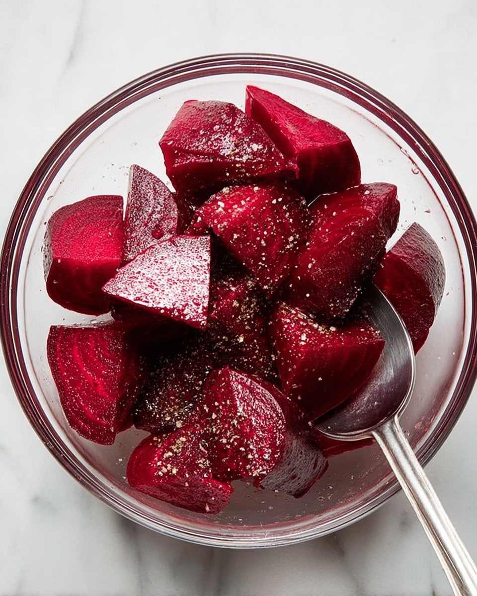 A clear glass bowl filled with large, deep red chunks of beetroot that have a smooth, slightly shiny texture. The beet pieces are placed unevenly, showing some rough edges and glossy surfaces, sprinkled with coarse salt and black pepper. A metal spoon rests inside the bowl on the right side, slightly sinking into the beet pieces. The bowl sits on a white marbled surface. Photo taken with an iphone --ar 4:5 --v 7