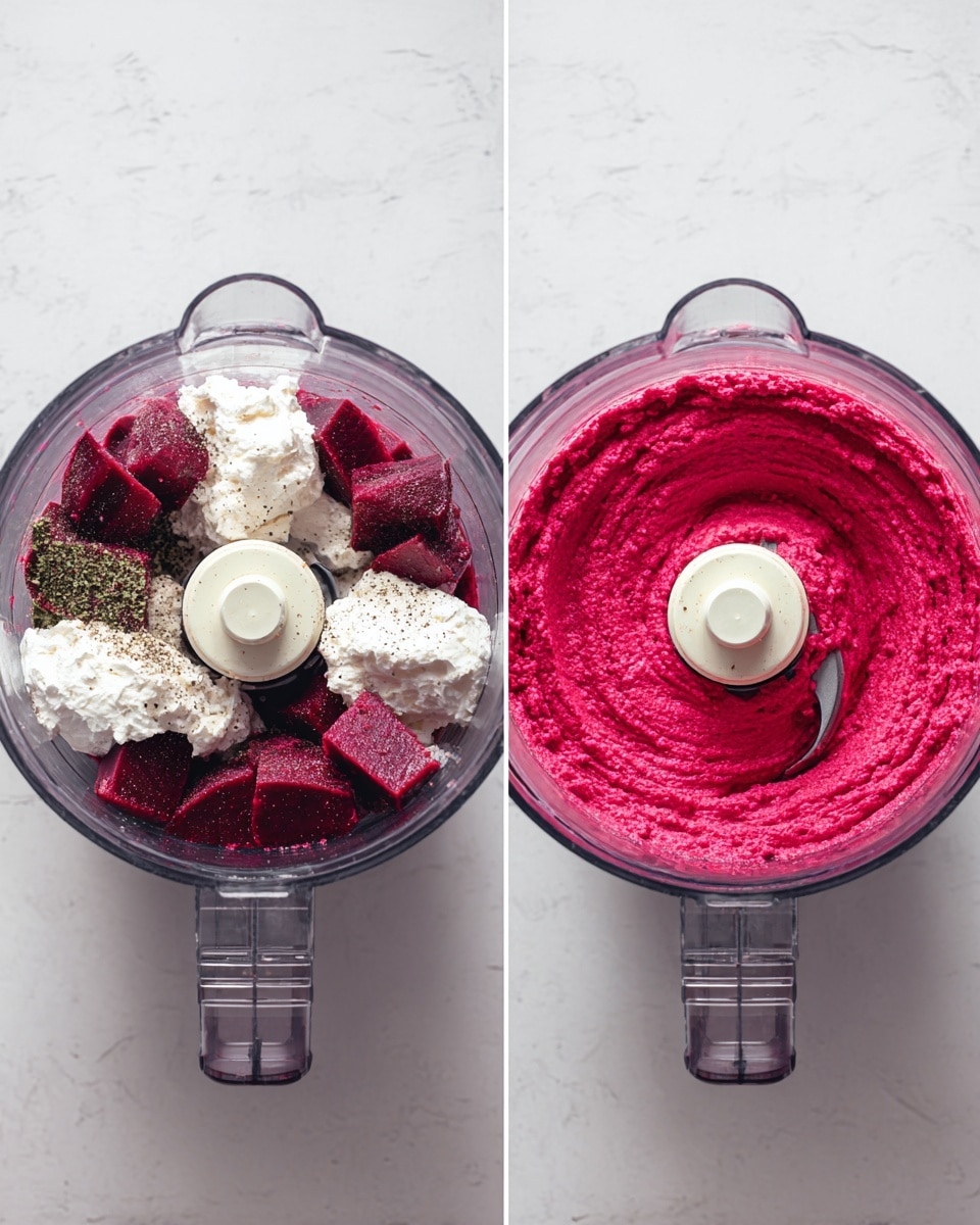 The image shows two views of a clear food processor bowl on a white marbled surface. The first view has layers inside the bowl: large pieces of dark red beets at the bottom, topped unevenly with white soft cheese and dollops of cream, sprinkled lightly with black pepper. The second view displays the same bowl after blending, showing a thick, smooth, bright pink-red mixture with a slightly textured surface filling the bowl evenly around the blade. Photo taken with an iphone --ar 4:5 --v 7