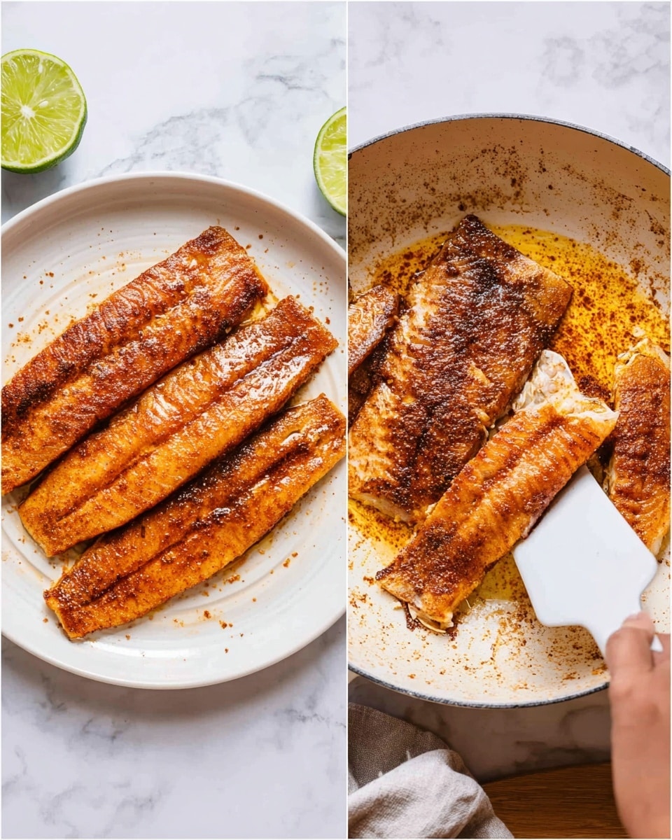The image shows two scenes side by side. On the left, three cooked fish fillets with a golden brown, slightly crispy texture are stacked overlapping on a white plate, with a light coating of reddish spices and oil around them. A half-cut lime lies at the top left on a white marbled surface next to the plate. On the right, three similar fillets are in a white frying pan, showing a browned crust from cooking in oil, with some burnt bits around them. A white spatula held by a woman's hand is gently lifting one piece. The overall tones are warm with a natural look. Photo taken with an iphone --ar 4:5 --v 7