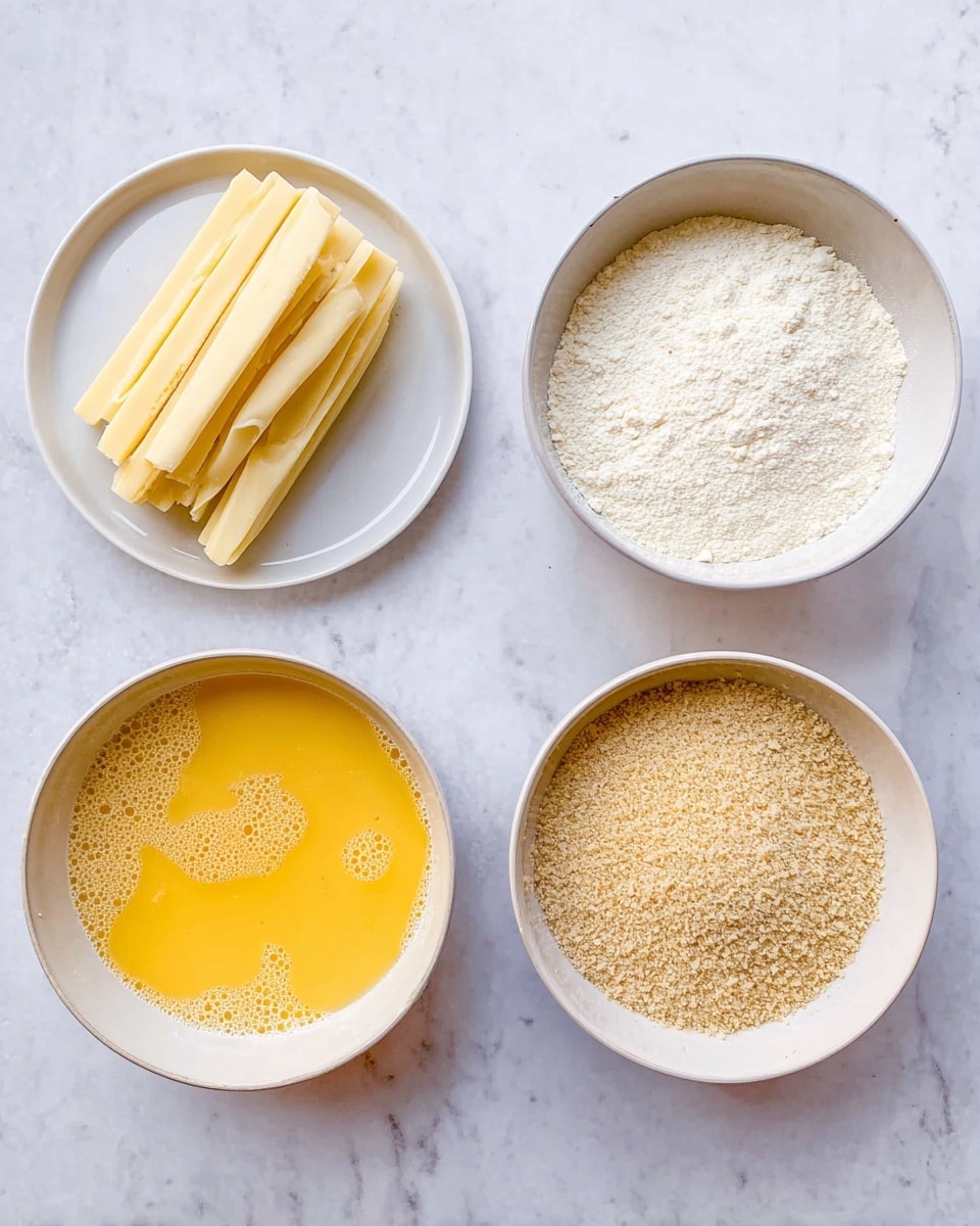 The image shows four white bowls and plates arranged on a white marbled surface. The top left white plate holds pale yellow sticks that look like sliced cheese or butter, stacked neatly. The top right white bowl is filled with fine white flour, filling most of the bowl. The bottom left white bowl contains beaten yellow eggs, smooth and bright, with bubbles on top. The bottom right white bowl has light brown breadcrumbs with a coarse texture. All bowls and plates are round and simple in design. Photo taken with an iphone --ar 4:5 --v 7