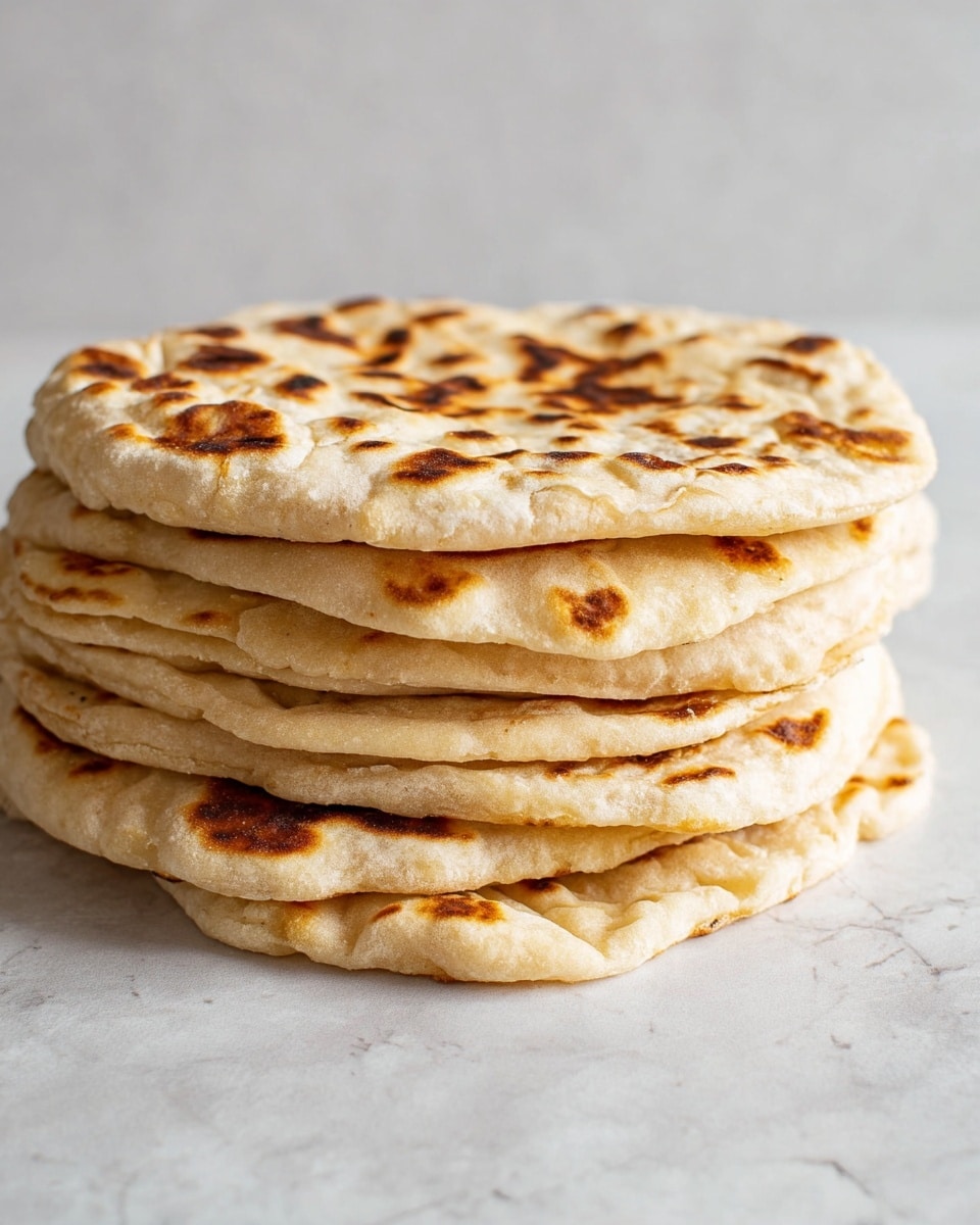 A stack of six flatbreads that are light tan with darker brown spots from cooking, each one soft and slightly puffy with uneven edges. They are all neatly stacked on a white marbled surface, showing off the texture and slight bubbles on each flatbread’s surface, with the top layer displaying the most distinct darker spots and creases. photo taken with an iphone --ar 4:5 --v 7