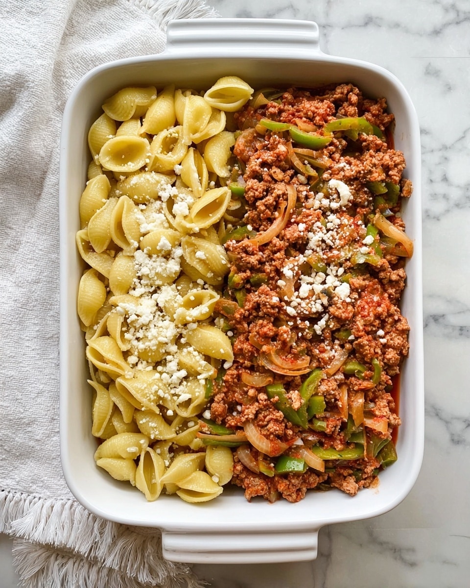 The image shows a white rectangular baking dish filled with two distinct layers of food. On the left side is a pile of yellowish pasta shells, looking soft with a light sprinkle of white cheese on top. The right side contains a thick meat sauce mixed with red tomato sauce, green bell pepper strips, and translucent cooked onion slices, also topped with a light layer of white cheese. The dish sits on a white marbled surface next to a white cloth with fringes. Photo taken with an iphone --ar 4:5 --v 7