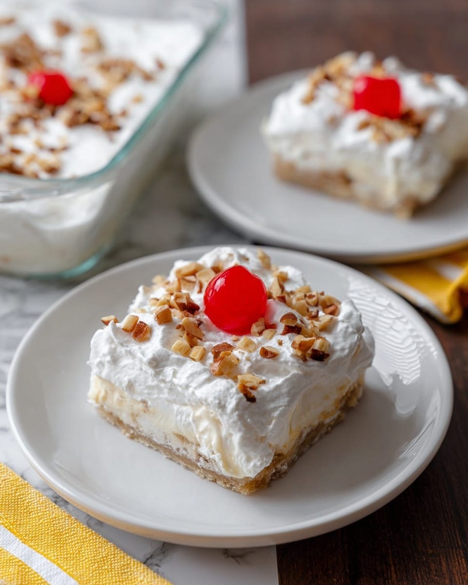 A square dessert piece sits in the center of a white plate, showing three visible layers: a light brown bottom crust, a creamy light filling in the middle, and a thick white whipped topping layer on top. The top is decorated with small chopped nuts spread evenly and a shiny, bright red cherry right in the center. In the background, another white plate holds a similar piece, while a clear glass dish with more squares is slightly out of focus. The surface beneath the plates is a white marbled texture with a yellow-striped cloth partially visible. photo taken with an iphone --ar 4:5 --v 7