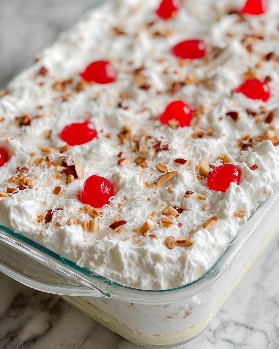 This image shows a close-up of a layered dessert in a clear glass rectangular dish resting on a white marbled surface. The top layer is thick and white, textured with swirls of whipped cream. Scattered over the whipped cream are small, bright red cherries and small pieces of chopped nuts that add color contrast and texture. Underneath the top layer, a glimpse of a cream or custard layer can be seen through the transparent glass dish. The overall look is smooth and fluffy on top with colorful details evenly spread, showing a rich and creamy dessert. Photo taken with an iphone --ar 4:5 --v 7
