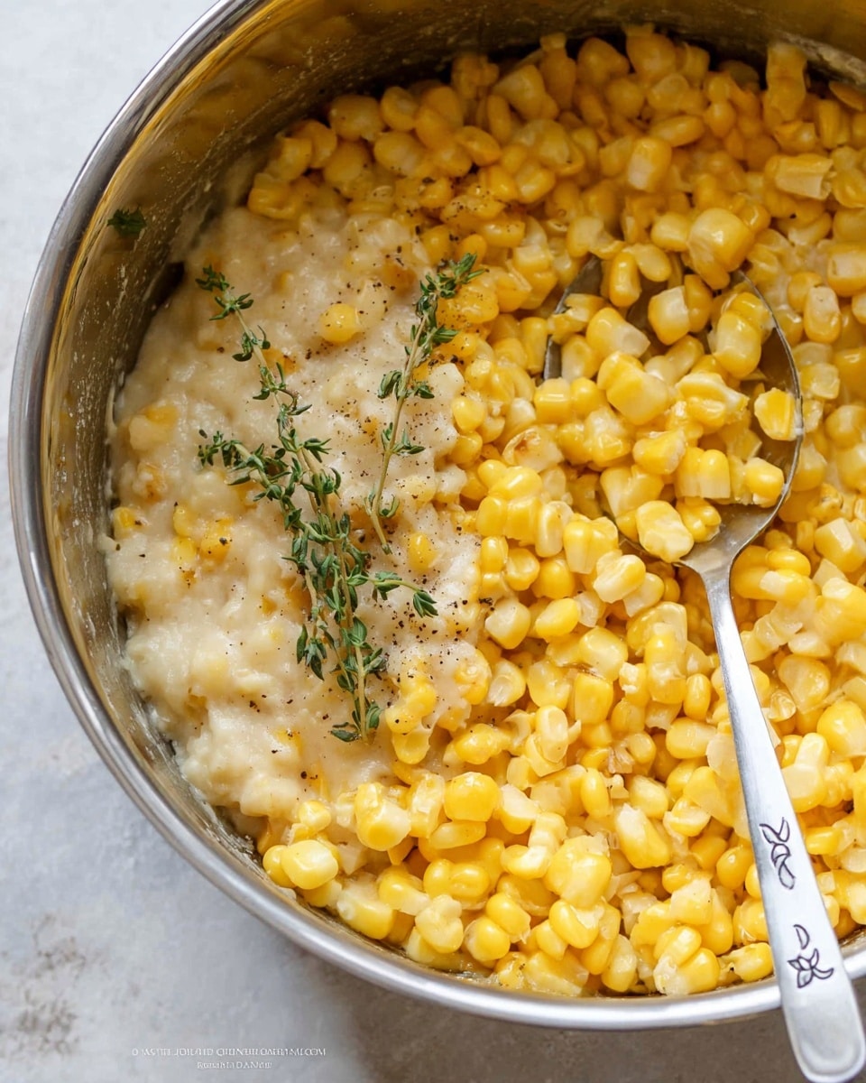 The image shows a close-up of a silver pot filled with bright yellow corn kernels that look soft and cooked. On the left side of the pot, there is a creamy, pale mixture that appears lightly seasoned with black pepper sprinkled on top. Three small green sprigs of thyme lay on top of the corn, adding a fresh look. A metal spoon with a simple floral design on the handle is dipped into the pot, with its bowl resting between the creamy mixture and the corn. The pot's inside surface is shiny and reflective. The background surface is a white marbled texture photo taken with an iphone --ar 4:5 --v 7
