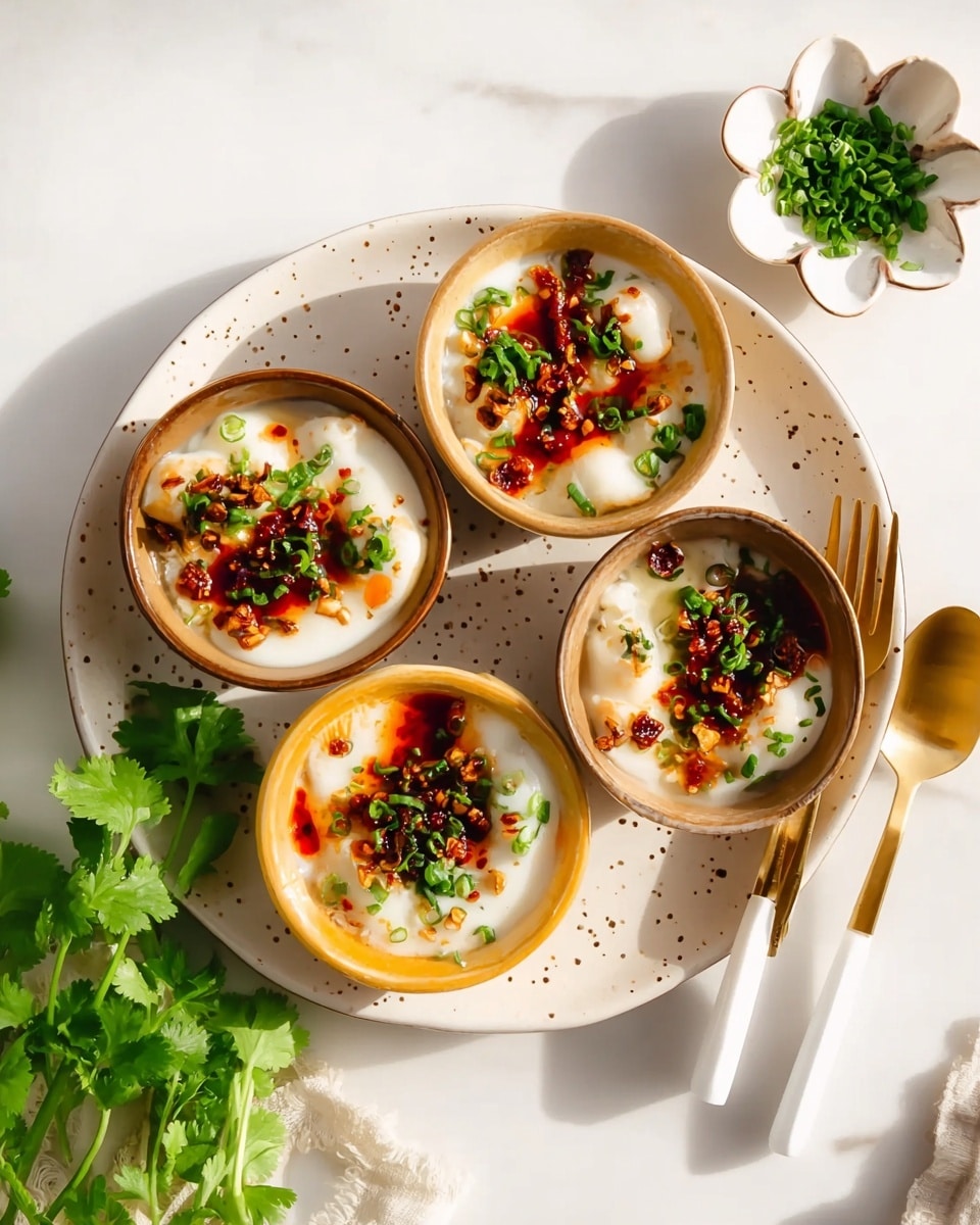 The image shows four small round bowls placed on a large white plate over a white marbled surface. Each bowl contains a creamy white dish topped with a drizzle of red chili oil, small bits of fried garlic, and chopped green herbs. Two bowls have a yellow rim with white spots, and two have a brown rim with white spots. Fresh green cilantro leaves are placed near the bottom left of the plate. To the right, a gold fork and spoon with white handles rest against the plate. In the top right corner, a small white flower-shaped bowl contains finely chopped green herbs. The light is soft, showing shadows and highlights that make the textures clear. photo taken with an iphone --ar 4:5 --v 7