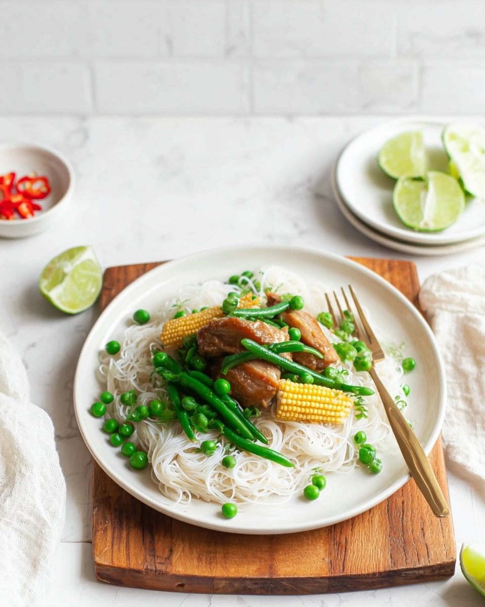 On a white plate, there is a base layer of shiny, white rice noodles mixed with bright green peas spread evenly around. On top of this layer, pieces of light brown cooked meat are placed alongside yellow baby corn and green beans, creating a small pile in the middle. The baby corn lays on top with green beans arranged around them, adding texture and a fresh look. A golden fork lies on the right side of the plate. The plate sits on a wooden board against a white marbled surface, with a small white bowl of red chili pieces and lime wedges on another white plate visible slightly blurred in the background. Photo taken with an iphone --ar 4:5 --v 7