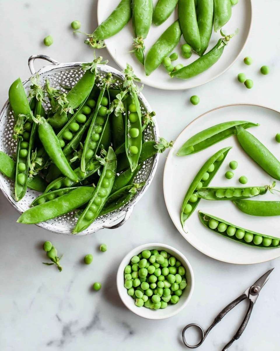 A white colander filled with fresh green pea pods sits in the top left corner on a white marbled surface, with some loose whole pods and open pods showing bright green peas scattered around. Two white plates each hold pea pods, one with fully opened pods revealing neat rows of peas inside, and the other with whole pods on it. A small white bowl near the center bottom is full of shelled green peas. A pair of metal scissors rest next to some pea pods on the right side. The photo taken with an iphone --ar 4:5 --v 7