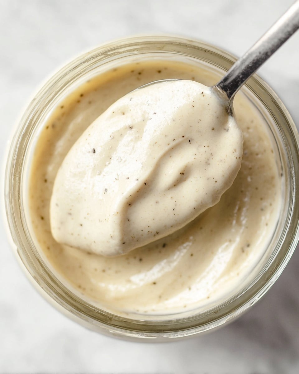 The image shows a close-up of a glass jar filled with a thick, creamy sauce that is light beige with small black specks spread throughout. A metal spoon is dipped into the jar, lifting some of the smooth sauce, showing its soft, thick texture with slight peaks and swirls. The jar is placed on a white marbled surface, adding a clean and bright background. The photo focuses tightly on the sauce and spoon, highlighting the texture and color contrast. Photo taken with an iphone --ar 4:5 --v 7