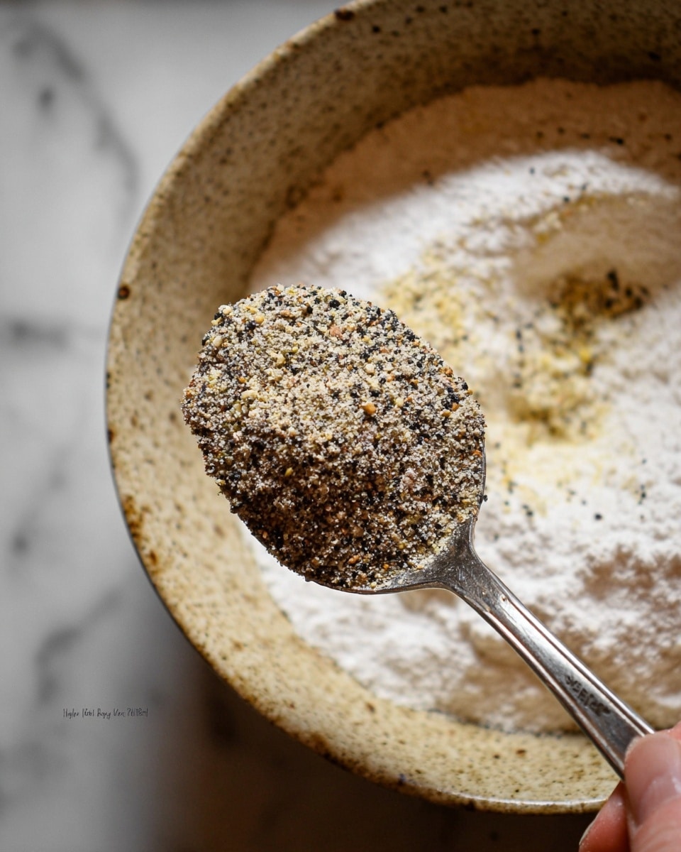 A close-up view shows a woman's hand holding a silver spoon filled with a coarse mix of black, white, and yellow spices and seasonings. Below the spoon, a white powdery layer covers the surface of food in a bowl that has speckled textures in brown and beige tones, set on a white marbled surface. The details highlight the grainy textures of the spices and the powder below. photo taken with an iphone --ar 4:5 --v 7