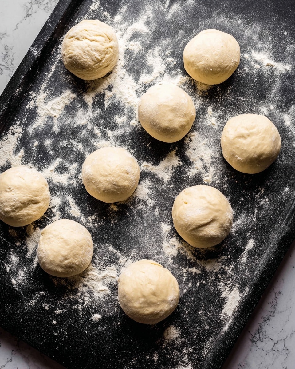 Several round dough balls are placed on a dark baking tray sprinkled with white flour. Each dough ball is light beige with a soft and slightly wrinkled texture, spaced evenly on the tray. The background shows more flour dusted around the dough balls on the tray, with a white marbled texture in the surrounding area. photo taken with an iphone --ar 4:5 --v 7