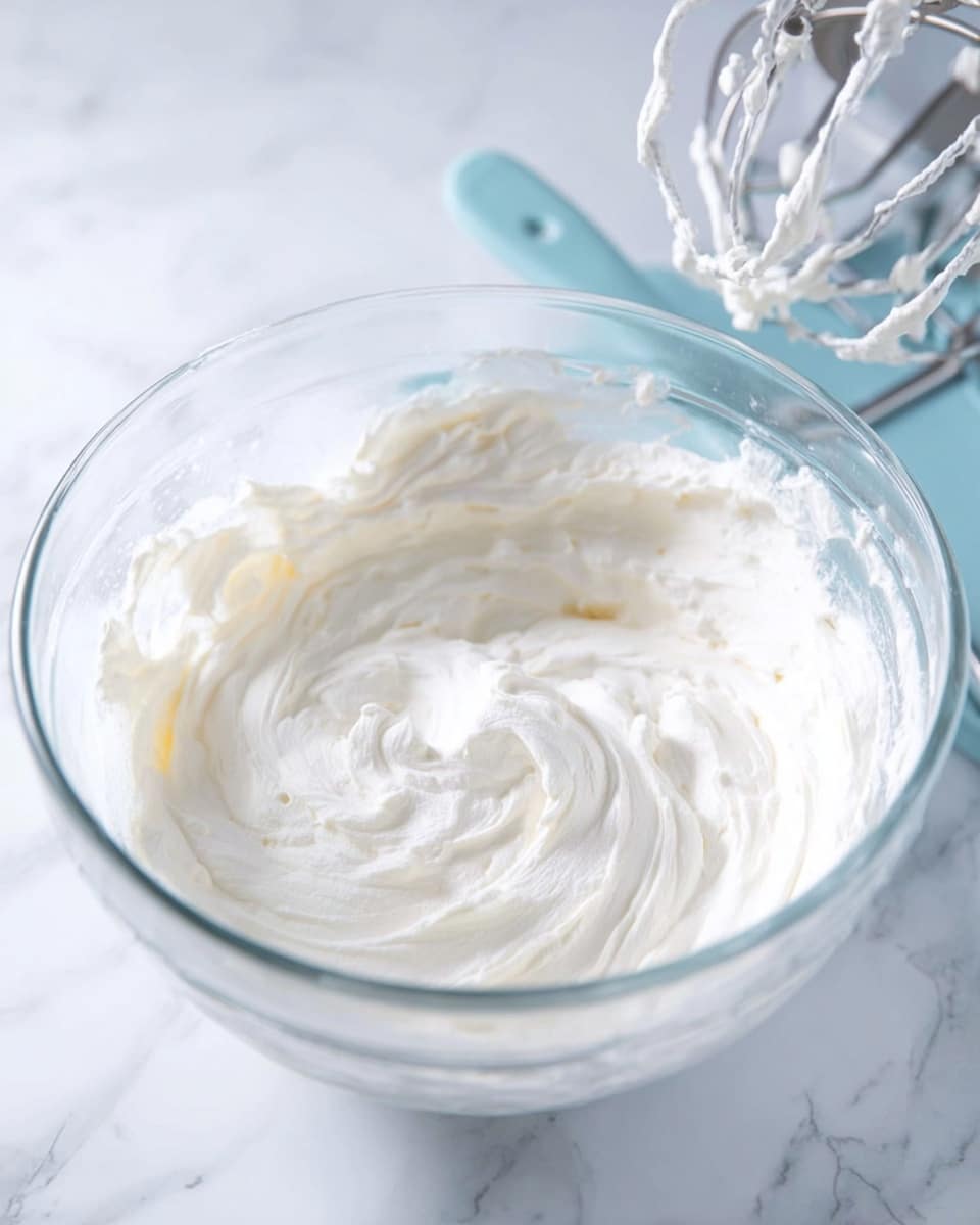 A clear glass bowl filled with a thick, white whipped cream mixture that has smooth, soft swirls on its surface. The bowl sits on a white marbled surface. In the background on the right, a metal mixer whisk with some cream clinging to it is partially in view. A light blue spatula is visible inside the bowl, resting against the side. The scene is bright and clean, emphasizing the creamy texture of the whipped mixture. photo taken with an iphone --ar 4:5 --v 7
