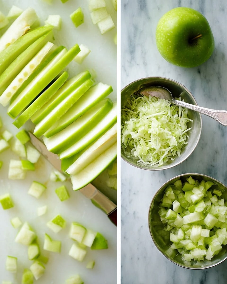 The image is split into two parts: the left side shows a white cutting board with slices of bright green apple in thin vertical strips in the foreground, and small cubes of green apple pieces scattered toward the back; a knife is visible slicing through an apple. The right side has a white marble surface with two small silver bowls filled with finely chopped green apple pieces; one bowl is topped with shredded apple and a spoon resting inside it, while a whole green apple is placed nearby. The overall color is light green and white, showing fresh apple textures. Photo taken with an iphone --ar 4:5 --v 7
