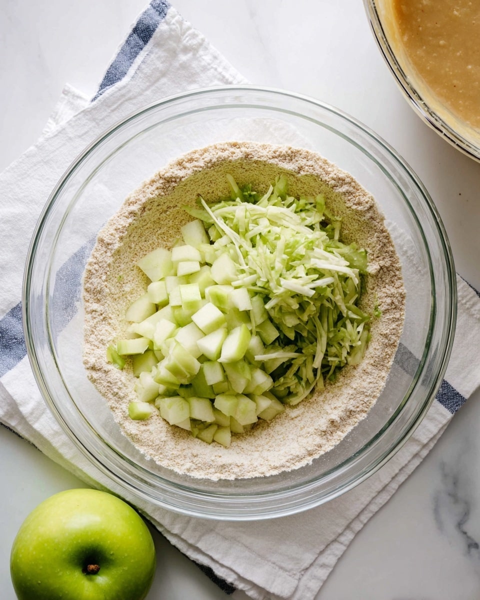 A clear glass bowl sits on a white marbled surface with a white cloth that has blue stripes under it, filled with a layer of light brown dry flour in a ring shape. Inside this ring, there are two mounds of green apple pieces, one diced into small cubes with light green skin visible and the other shredded into thin pale green strips. Below the bowl, a whole bright green apple is placed on the white marbled surface. To the right, a partially visible clear glass bowl contains a smooth, light brown batter. Photo taken with an iphone --ar 4:5 --v 7