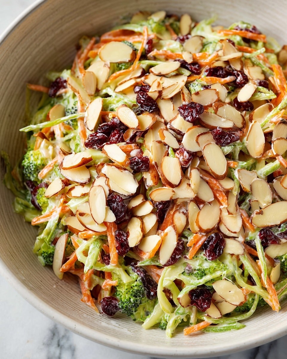 A close-up view of a layered salad in a white bowl on a white marbled surface, showing a base of thin green broccoli stems mixed with thin orange carrot strips, scattered with dark red dried cranberries throughout, and topped with many thin, light tan almond slices with brown edges, all coated lightly in a creamy dressing that glistens slightly photo taken with an iphone --ar 4:5 --v 7