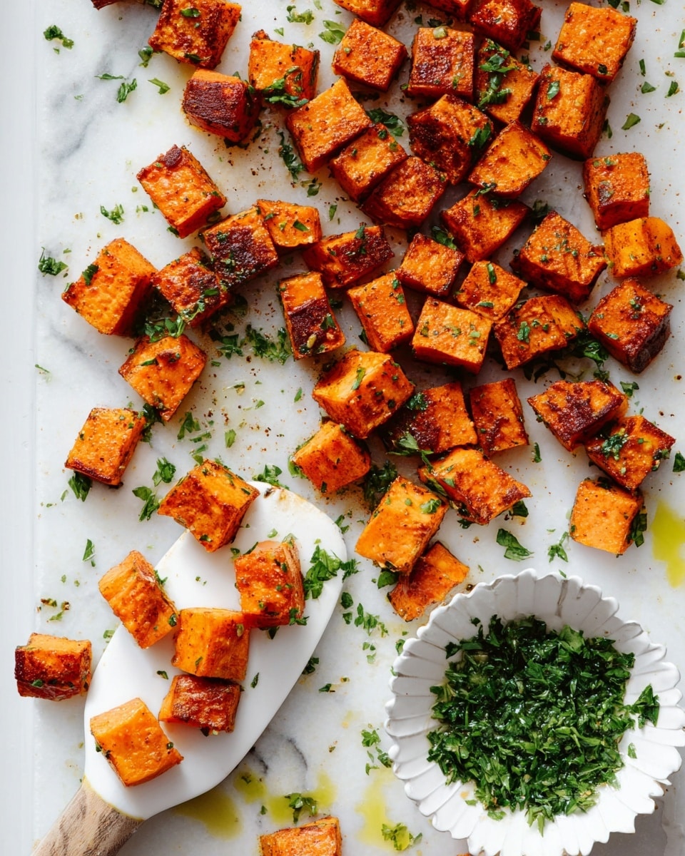 A white spatula holds several small cubes of roasted sweet potato, which have a crispy, browned texture on some edges and a vibrant orange color all over. The cubes are spread across a white marbled surface, sprinkled with small green parsley pieces and light oil droplets. To the right, there is a small white scalloped bowl filled with finely chopped green herbs, possibly parsley, adding a fresh contrast to the warm tones of the sweet potato. The overall look is bright and fresh with a mix of crispy texture and smooth herbs. photo taken with an iphone --ar 4:5 --v 7