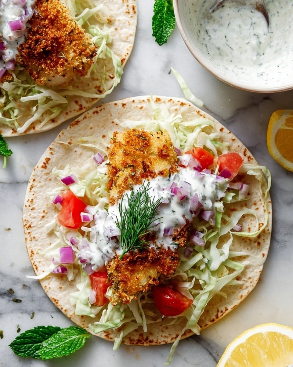 Two soft light brown tortillas lie on a white marbled surface, each layered with shredded pale green cabbage as the base. On top of this is a golden-brown crispy piece of fried fish with a rough crunchy texture. The fish is topped with a creamy white sauce speckled with small pieces of purple onion and green herbs. Bright red diced tomatoes add color around the fish. A green sprig of dill sits on the sauce decorating the fish. Nearby, there is a white bowl with more creamy sauce and fresh green mint leaves, along with a halved lemon showing its pale yellow inside. photo taken with an iphone --ar 4:5 --v 7