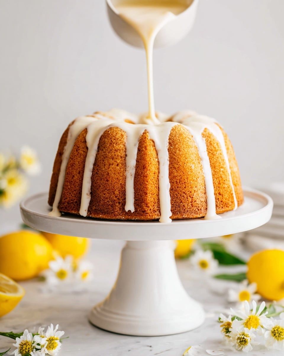 A golden brown bundt cake with a soft texture, placed on a white cake stand with a tall, smooth pedestal. The cake has thick vertical ridges all around, and a white creamy glaze is being poured over the top, dripping down the sides in uneven streams. The background is a white marbled texture with blurred out yellow lemons and small white and yellow flowers scattered around, adding a fresh and bright feel. photo taken with an iphone --ar 4:5 --v 7