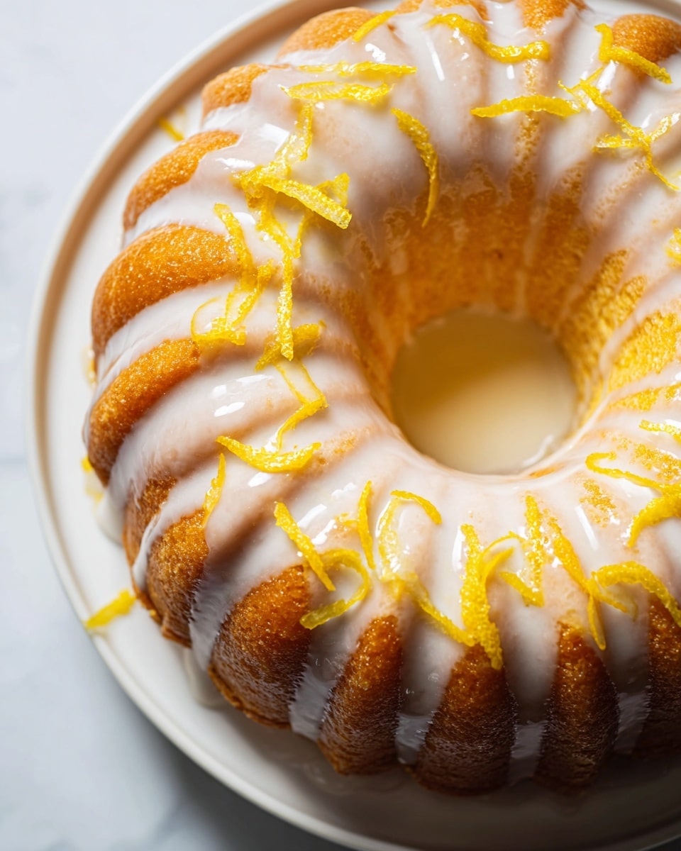 The image shows an orange bundt cake with a smooth white glaze unevenly poured over the top, filling the grooves and edges of the cake’s ring shape. The glaze is glossy and thin, pooling slightly at the center hole. Bright yellow-orange zest strips are scattered on top, adding texture and color contrast. The cake sits on a white plate with subtle shadows on a white marbled textured surface. Photo taken with an iphone --ar 4:5 --v 7