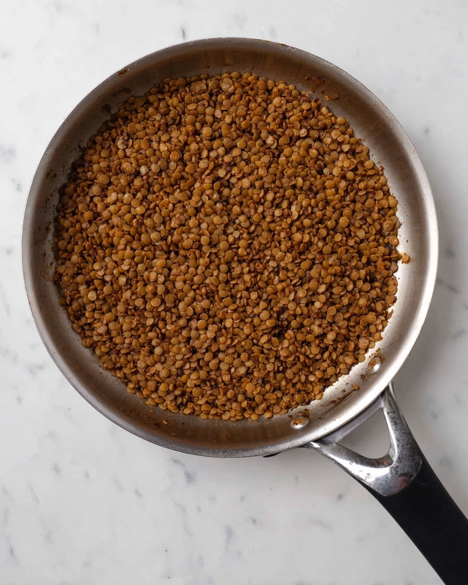 A close-up top view of a single layer of cooked lentils sitting inside a shiny metal pan with a black handle, the lentils are small, round, and brown with a soft, slightly loose texture, evenly spread throughout the pan, which is placed on a white marbled surface, showing a simple and warm dish. photo taken with an iphone --ar 4:5 --v 7