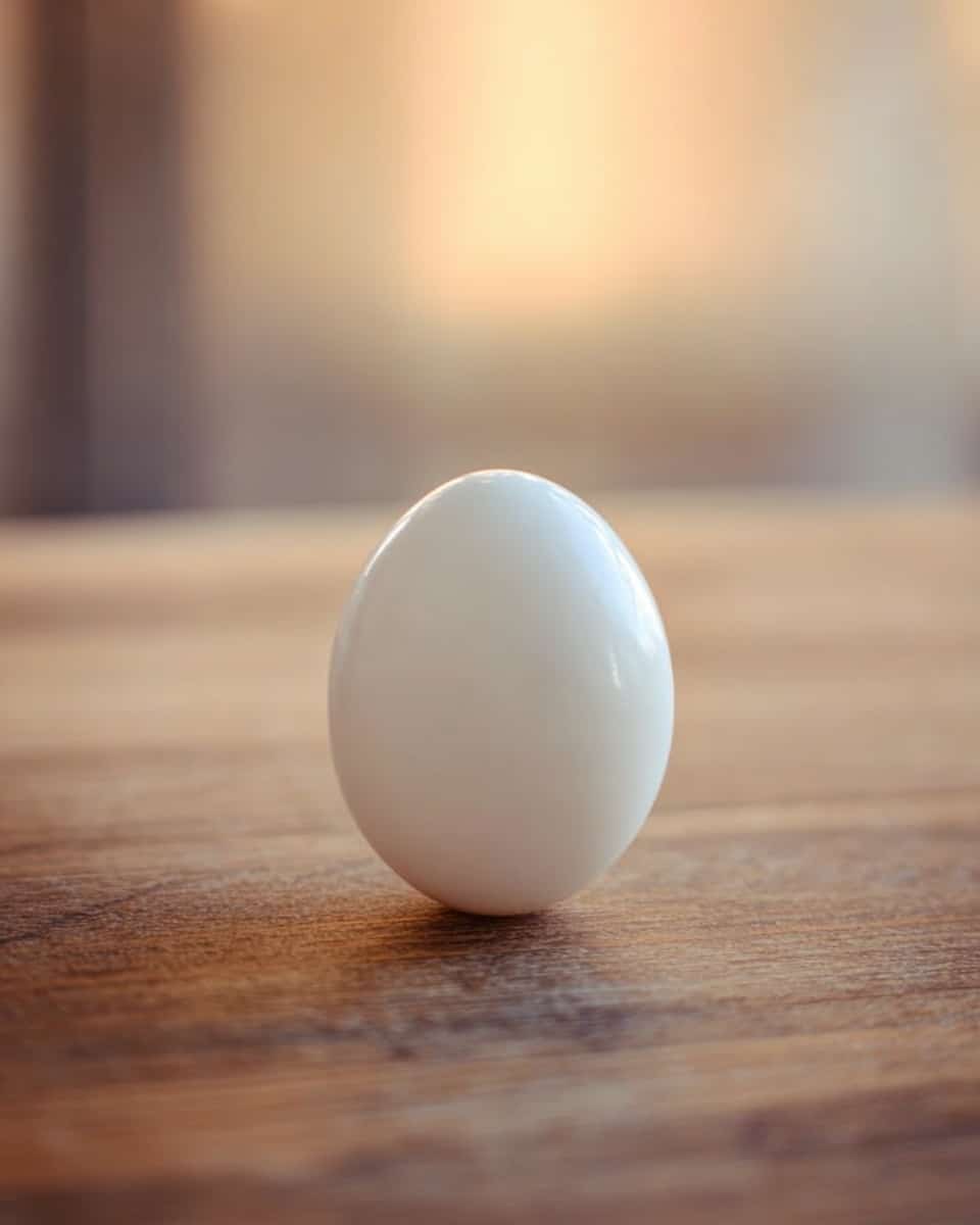 A single white hard-boiled egg is placed upright on a wooden surface, showing its smooth and shiny shell with subtle light reflections that highlight its oval shape and simple texture. The background is softly blurred with warm tones, drawing focus to the egg in the center. photo taken with an iphone --ar 4:5 --v 7