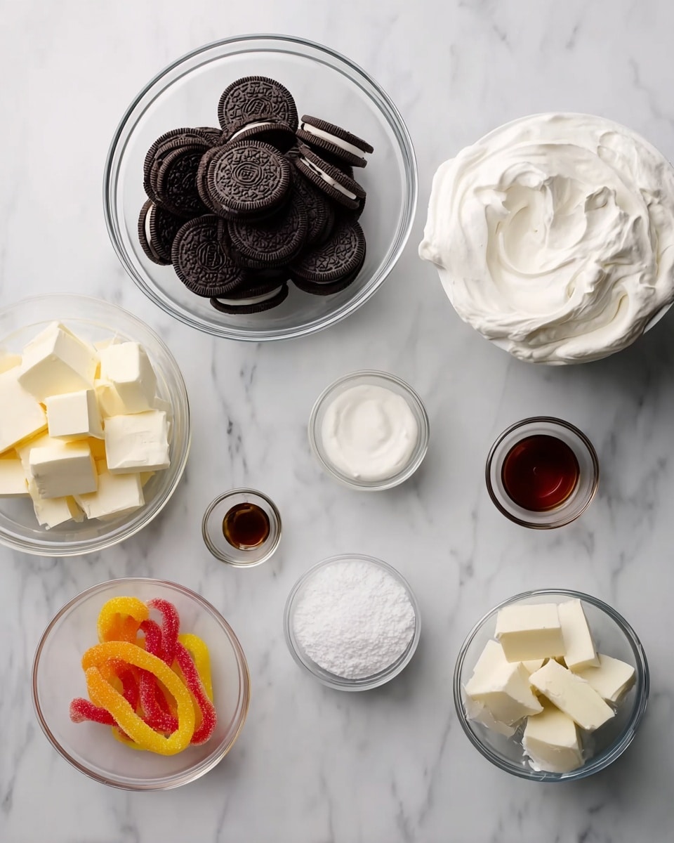 The image shows several clear glass bowls arranged on a white marbled surface, each containing different ingredients. One large bowl holds dark chocolate sandwich cookies stacked in layers. Another large bowl contains thick white cream with soft texture. A medium bowl holds creamy white marshmallow fluff. There are smaller bowls filled with pale yellow butter cubes, white powdered sugar, white cream, a small amount of dark vanilla extract, and bright, colorful gummy worms in red, orange, and yellow. The ingredients are neatly spaced and clearly visible. photo taken with an iphone --ar 4:5 --v 7