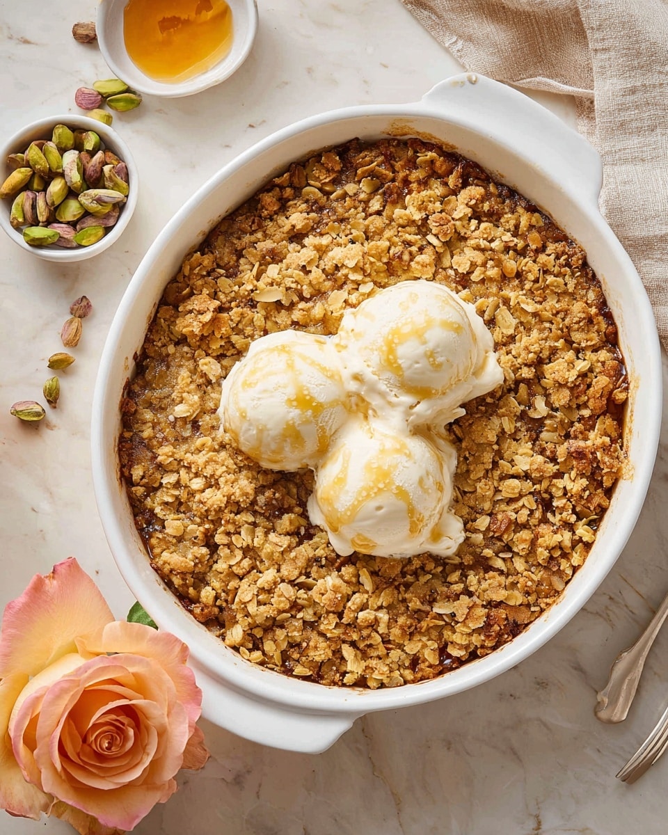 A white baking dish filled with a crumble dessert that has a thick, golden-brown oat and nut topping with a rough, crunchy texture. On top, there are three rounded scoops of vanilla ice cream with a creamy white color, drizzled lightly with honey or syrup, giving a shiny, golden layer over the ice cream. The dish is placed on a white marbled surface with a small white bowl of honey and a small bowl of pistachios nearby, along with a pale peach rose, adding soft natural colors to the scene. photo taken with an iphone --ar 4:5 --v 7