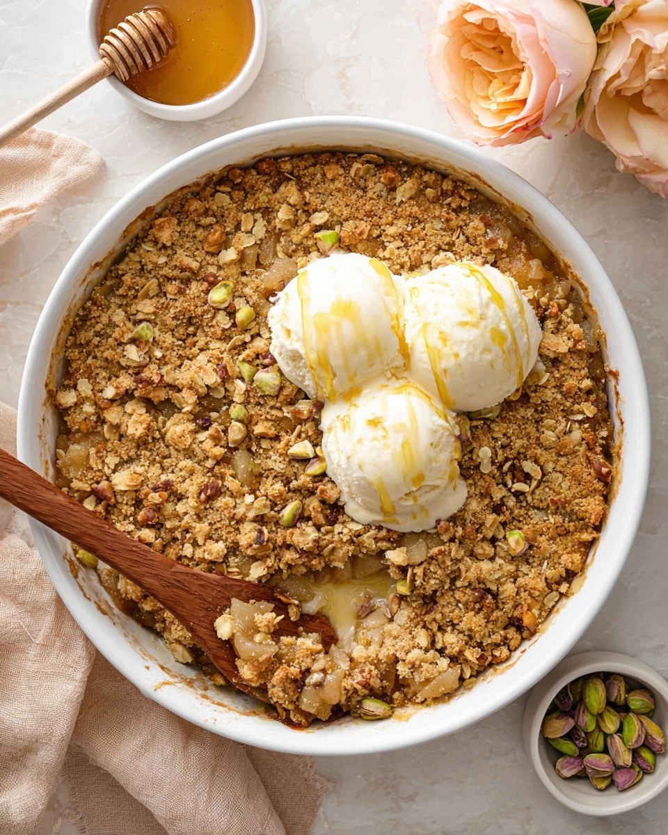 A white round baking dish filled with a layered dessert showing a thick, crumbly oat and nut topping in golden brown, textured with oats and nuts spread evenly across the top. Beneath the topping, a warm fruit filling peeks through in soft beige tones, mixed with small pieces of light green nuts. Two scoops of melting creamy white ice cream with a light yellow drizzle sit close together near the center on top of the crumble. A wooden spoon scoops out some of the dessert from the bottom left, resting inside the dish. Around the dish are a small white bowl with honey and a honey dipper and a small container of pistachios, all set on a white marbled surface with a pale peach rose adding a soft touch to the scene. Photo taken with an iphone --ar 4:5 --v 7