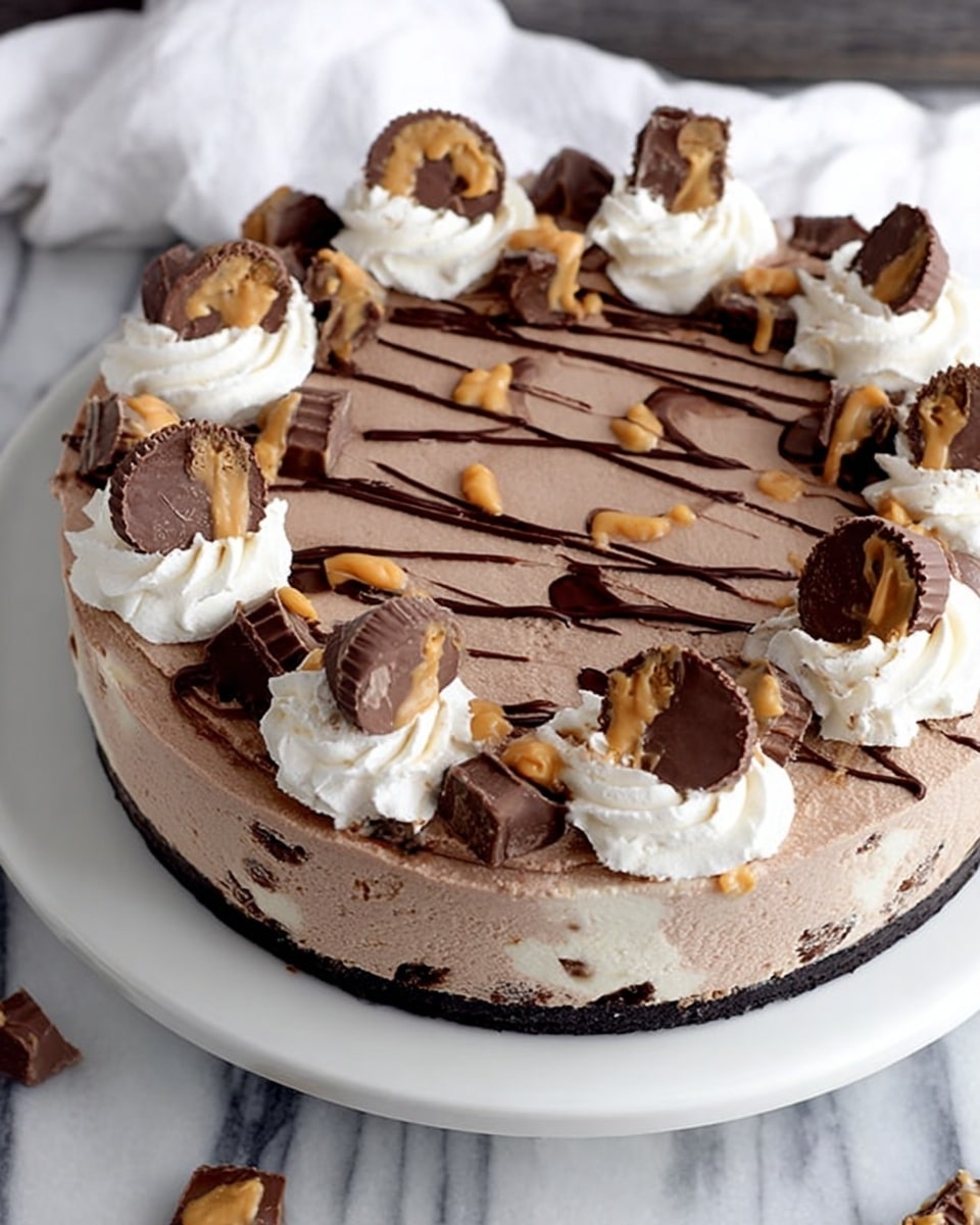 A round chocolate ice cream cake on a white plate with three visible layers: a bottom layer of light brown peanut butter, a middle layer of creamy chocolate ice cream mixed with peanut butter chunks, and a smooth chocolate ice cream top layer. The top of the cake is decorated with small pieces of peanut butter chocolate cups scattered around, with several whipped cream dollops evenly placed near the edge, each topped with a miniature peanut butter cup. Thin drizzles of dark chocolate syrup run across the top for added decoration. The cake sits on a white marbled surface with a white cloth in the background. Photo taken with an iphone --ar 4:5 --v 7