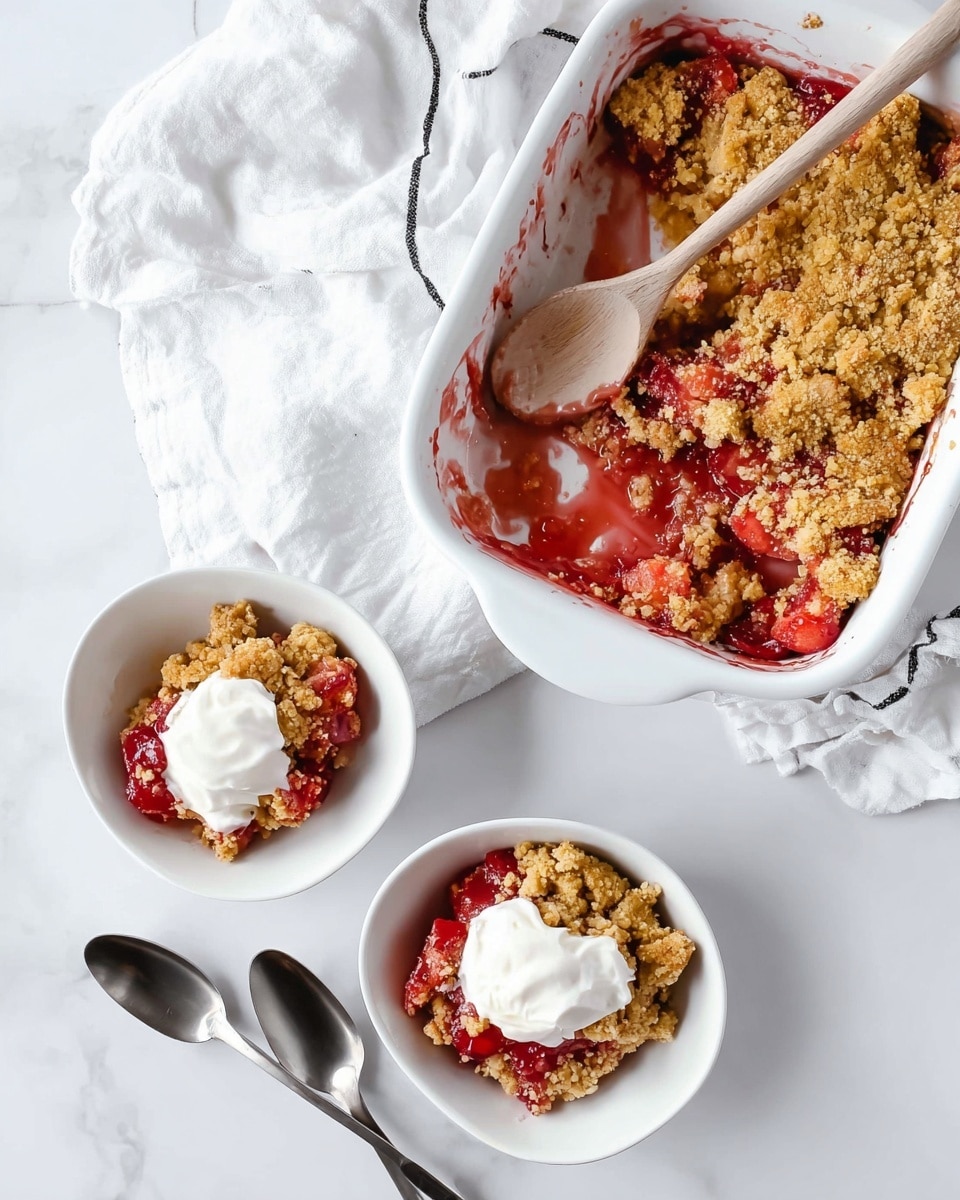 A white baking dish with a crumbly golden-brown topping and a red fruit filling, partially scooped out with a wooden spoon showing the empty white inside. Below the baking dish, two white bowls each hold a serving of the dessert with two layers: a rough, golden crumb topping and a moist, glossy red fruit base. Each bowl has a dollop of white cream on top. The dish and bowls sit on a white marbled surface with a crumpled white cloth with black lines nearby, and two silver spoons lay next to the bowls. photo taken with an iphone --ar 4:5 --v 7