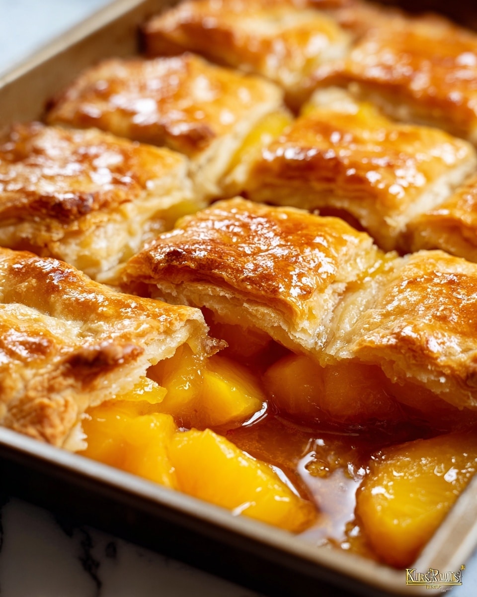 The image shows a close-up of a baked peach pie in a metal tray with a golden brown, flaky crust on top. The pie has thick, square layers of the crust, with a shiny, slightly rough texture. Underneath the crust, bright yellow peach slices are visible, covered in a glossy syrup. The syrup glistens and fills the space beneath the crust. The pie is cut into rectangular sections with some syrup pooling at the edges. The background is softly blurred with a white marbled texture. photo taken with an iphone --ar 4:5 --v 7