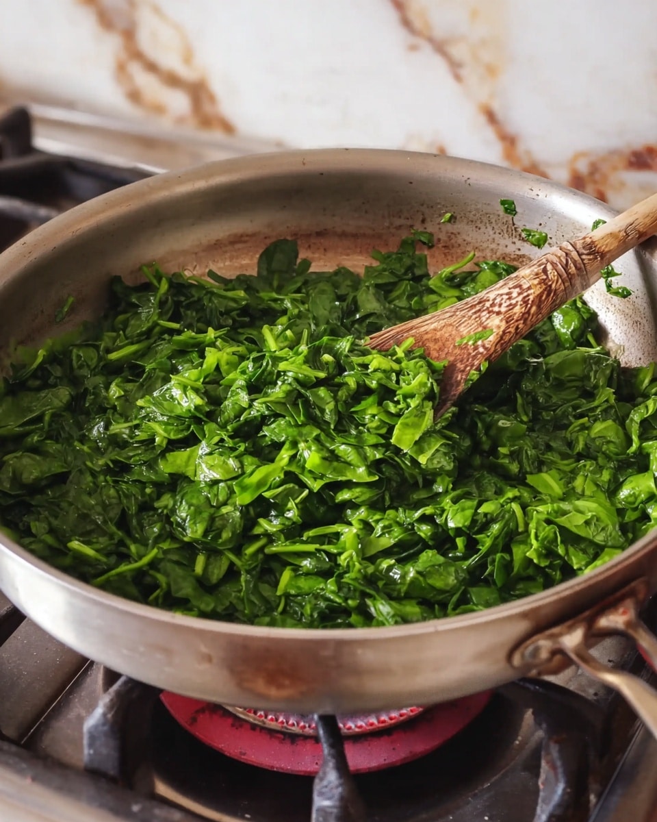 A close-up view of a silver metal pan on a stove with glowing red burners, filled with a large amount of bright green chopped spinach leaves layered thickly on top. A wooden spoon with a textured handle is resting inside the pan, partially covered by the spinach. The stove surface around the pan is slightly worn with smudges. The background shows a white marbled surface with subtle brown and grey patterns. photo taken with an iphone --ar 4:5 --v 7