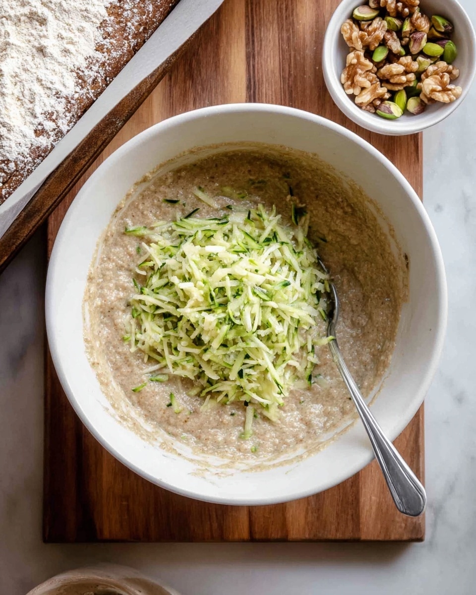A white bowl filled with a thick, beige batter mixed with light brown flour powder, topped with a mound of finely shredded green zucchini sitting in the center. A silver spoon rests partially inside the bowl on the right side, slightly submerged in the batter. In the top right corner, a small white bowl holds a mix of walnut pieces and some green pistachios. The background features a wooden table with a loaf pan lined with parchment paper in the top left corner, all set on a white marbled surface. Photo taken with an iphone --ar 4:5 --v 7