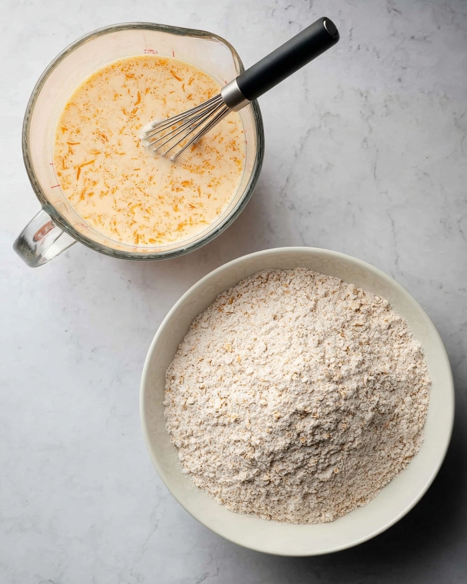 The image shows two main elements placed on a white marbled surface. At the bottom right, there is a white bowl filled with a dry mixture that looks like flour with small oat pieces, giving it a light beige and slightly textured appearance. At the top left, there is a clear glass measuring cup containing a creamy, light orange liquid with fine orange shred pieces floating in it. A whisk with a black handle is partially submerged in the liquid. The scene is simple, with soft natural lighting that highlights the textures and colors of both the dry and wet mixtures, photo taken with an iphone --ar 4:5 --v 7