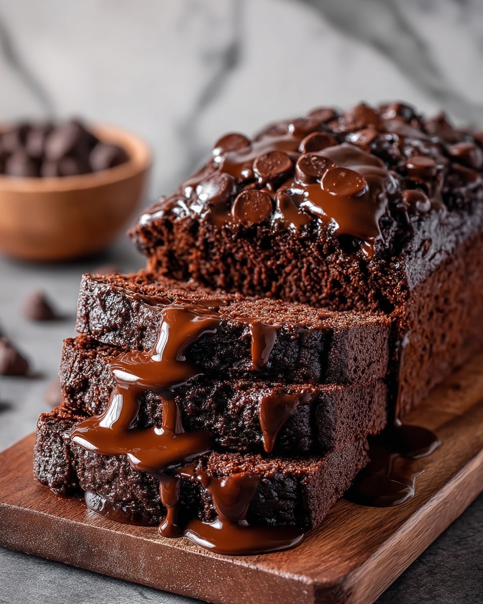 The image shows a close-up of a rich, dark chocolate loaf cake with three visible thick layers. The base layer is dense and slightly crumbly with a moist texture. The middle and top layers have chunks of glossy chocolate chips embedded throughout, adding texture and shine. Thick, melted chocolate sauce is generously drizzled over the top and sides of the loaf, creating shiny pools and drips that catch the light. The loaf sits on a wooden board with a slightly rough surface, and there is a blurred bowl of chocolate chips in the background. The background has a white marbled texture. photo taken with an iphone --ar 4:5 --v 7
