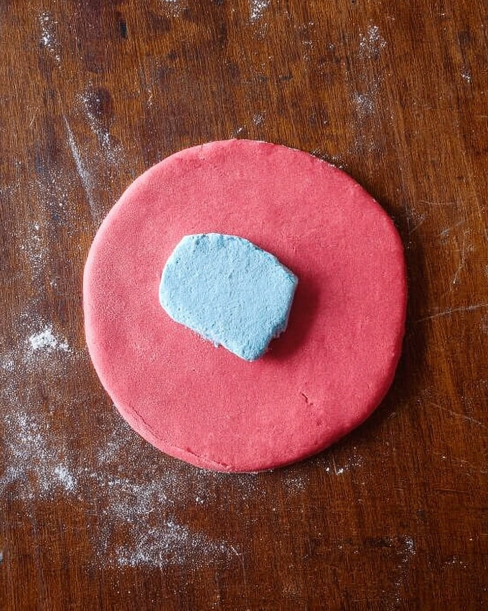 The image shows a single round flat layer of bright pink dough lying on a wooden surface, with a smaller irregular-shaped piece of pale blue dough placed slightly off-center on top of the pink dough. The pink dough is smooth with a matte texture, while the blue dough has a softer, slightly powdery look. The wooden surface beneath has a dark brown color with visible grain and some white flour dust around the edges. photo taken with an iphone --ar 4:5 --v 7